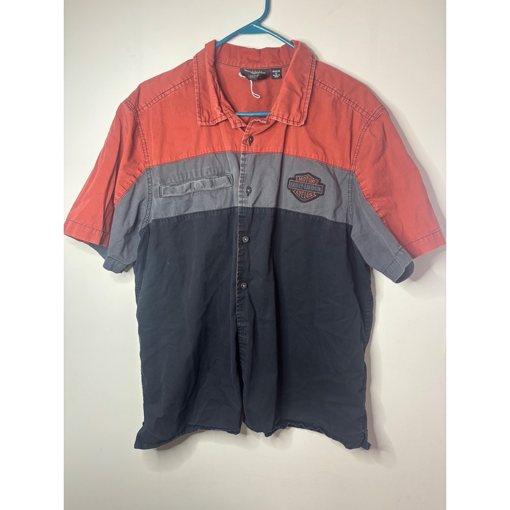 Harley Davidson Mens XL Colorblock Button Up Shirt Orange Grey Black Embroidered